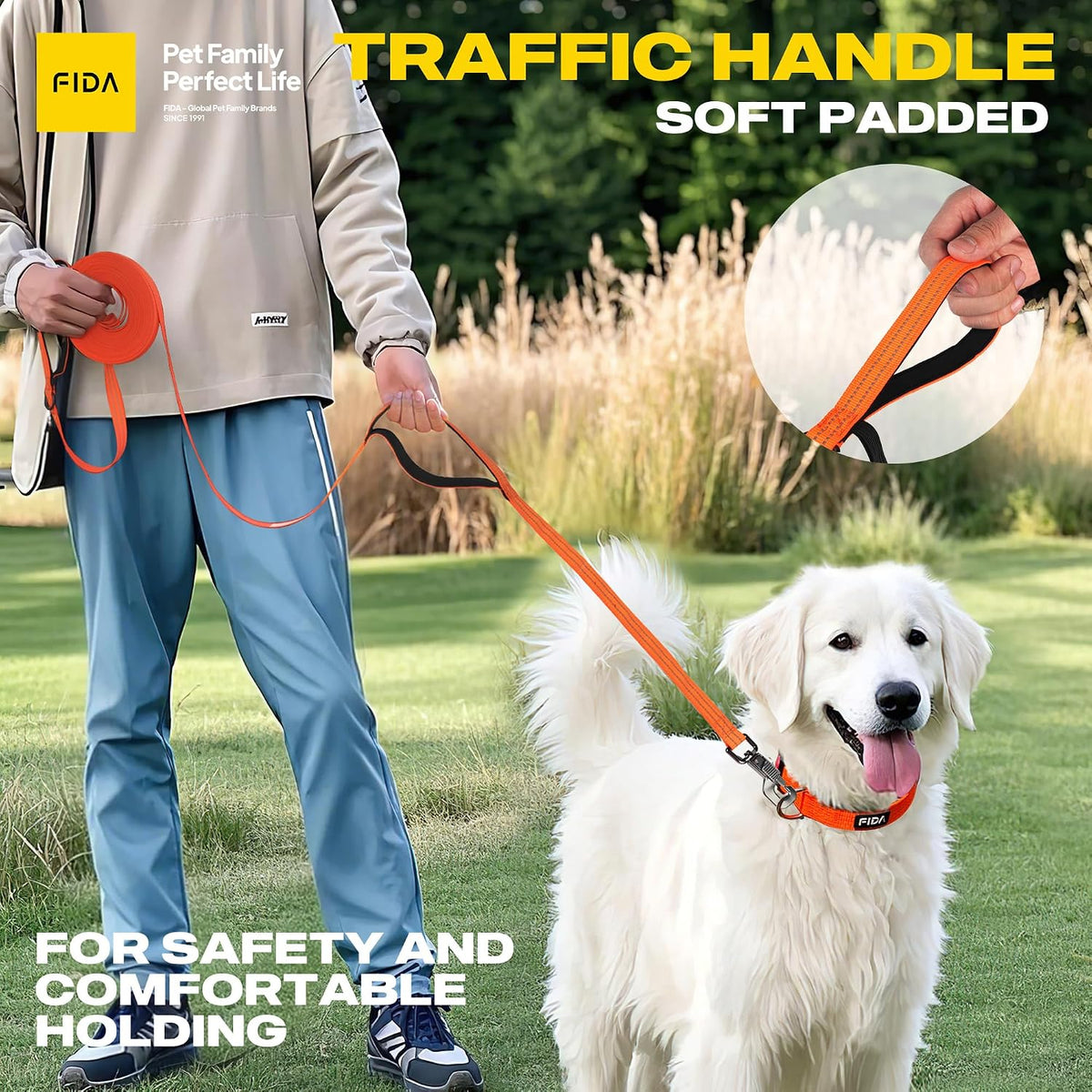 Fida Obedience Recall Training Agility Lead, Orange - 50FT / Neon Orange - image 3