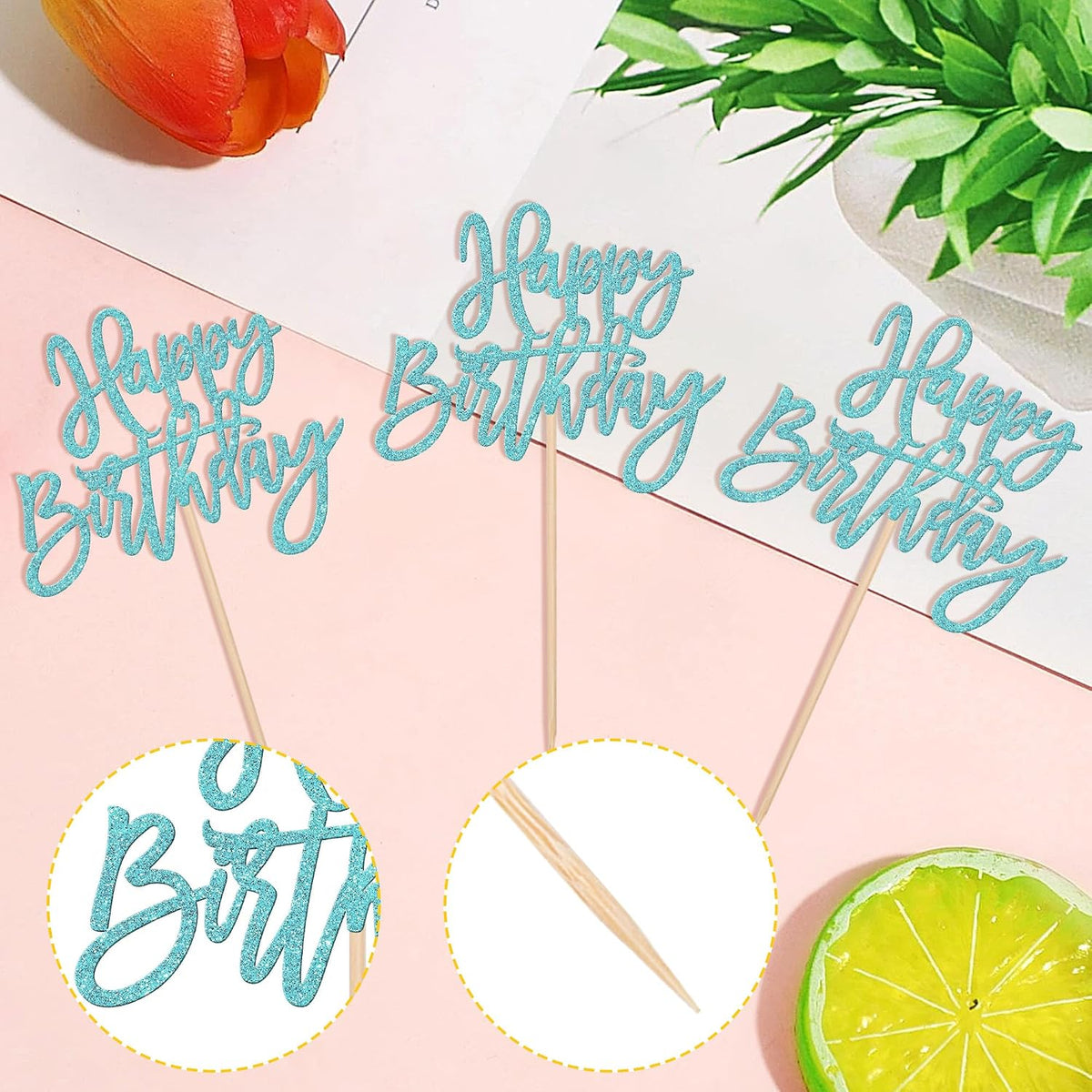 24 PCS Happy Birthday Cupcake Toppers Glitter Picks for Celebrating - Light Blue - image 3