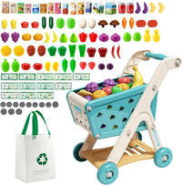 Jovow 102pcs Kids Shopping Cart Trolley Play Set with Pretend Food – Fun for Kids & Family - Green