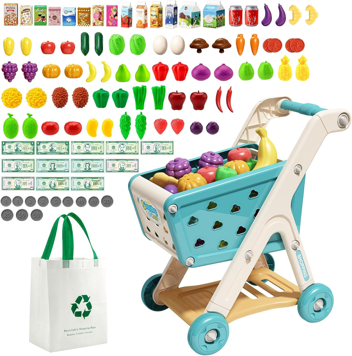 Jovow 102pcs Kids Shopping Cart Trolley Play Set with Pretend Food – Fun for Kids & Family - Green