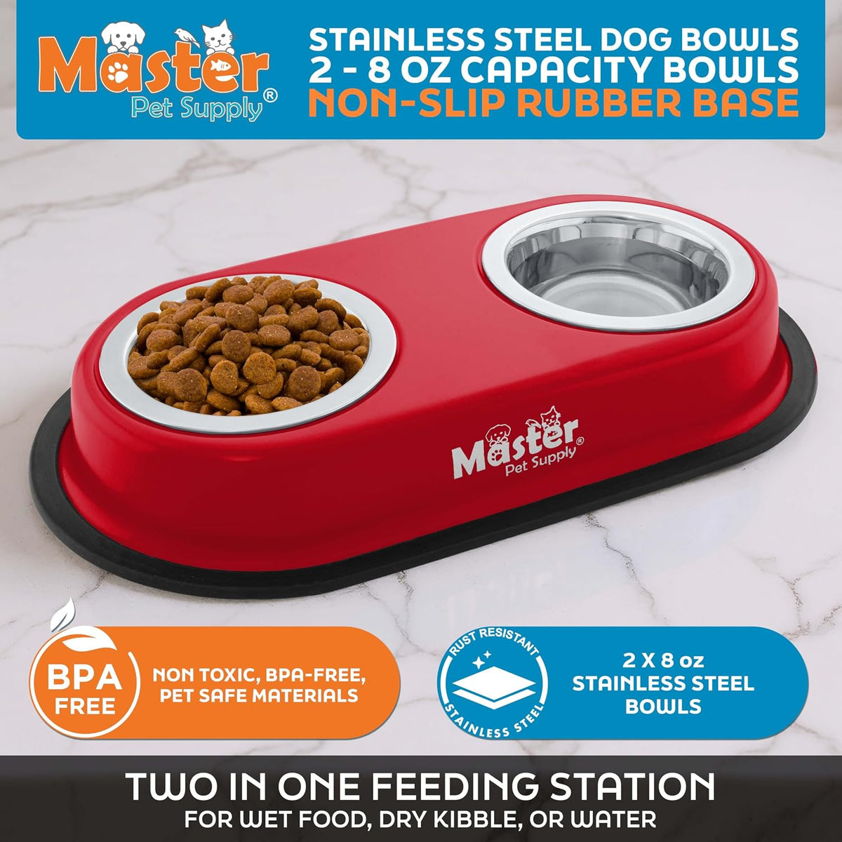Master Pet Supply Double Dog Bowls Set with Elevated Base Black Velvet – Essentials for Dogs - Crimson Flame - image 2