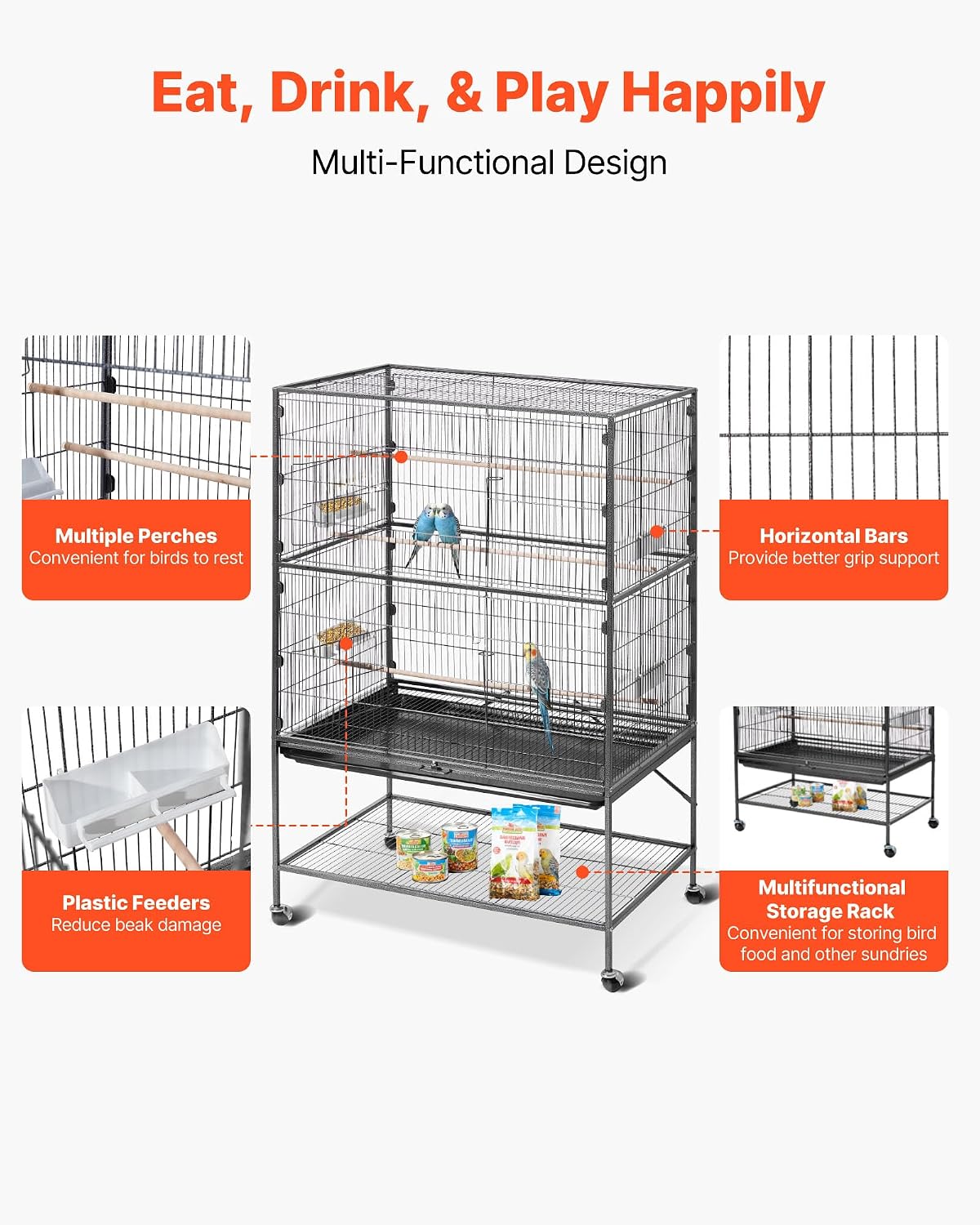 VEVOR Bird Cage, Flat Top - Black / 36.6"L x 22.8"W x 59.5"H - image 4