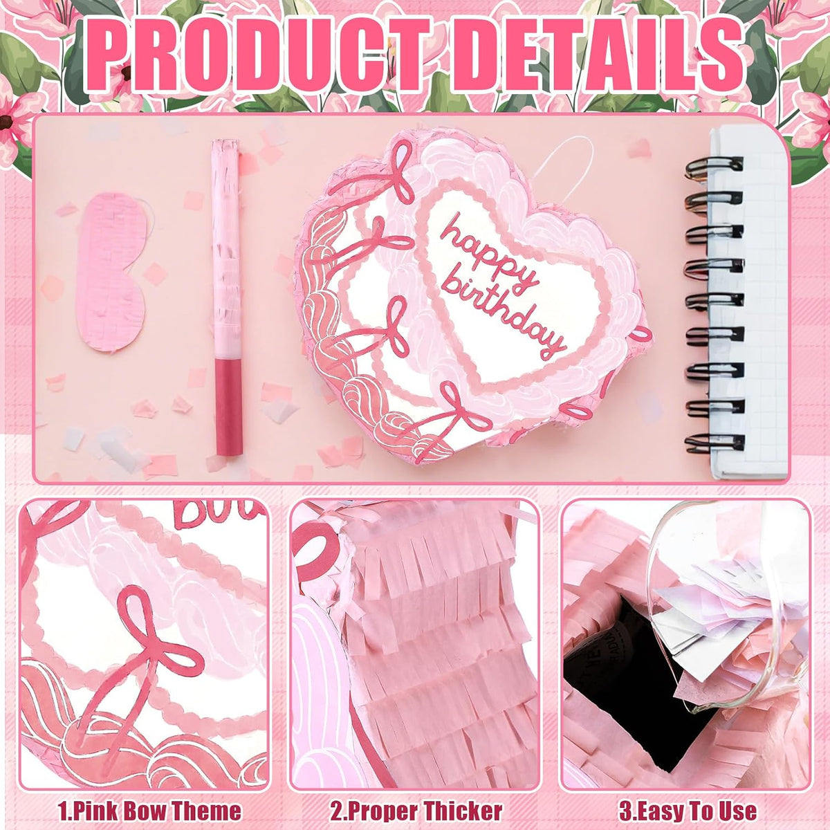 Feifeiya pink bow piñata with pink and white bat, eye masks and confetti - view 9