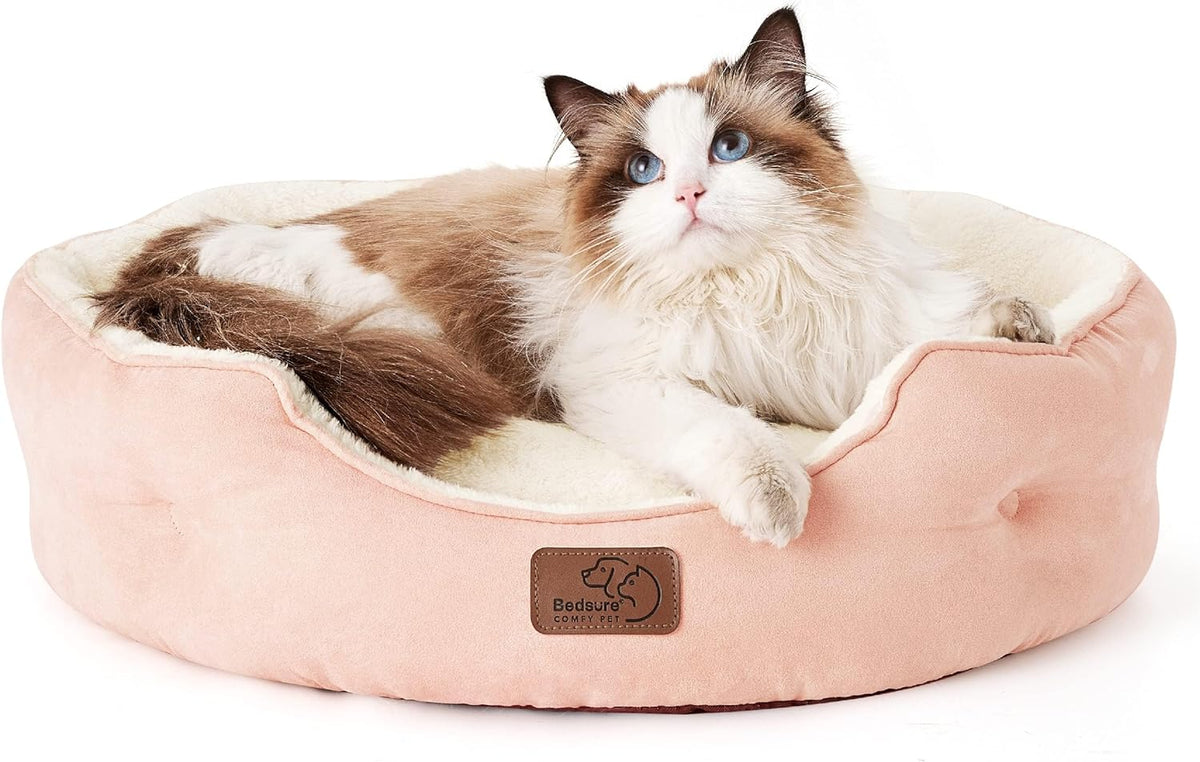 Bedsure Small Dog Bed Washable, Round Cat Beds for Indoor Cats - 20"L x 19"W x 6"Th / Peach Pink