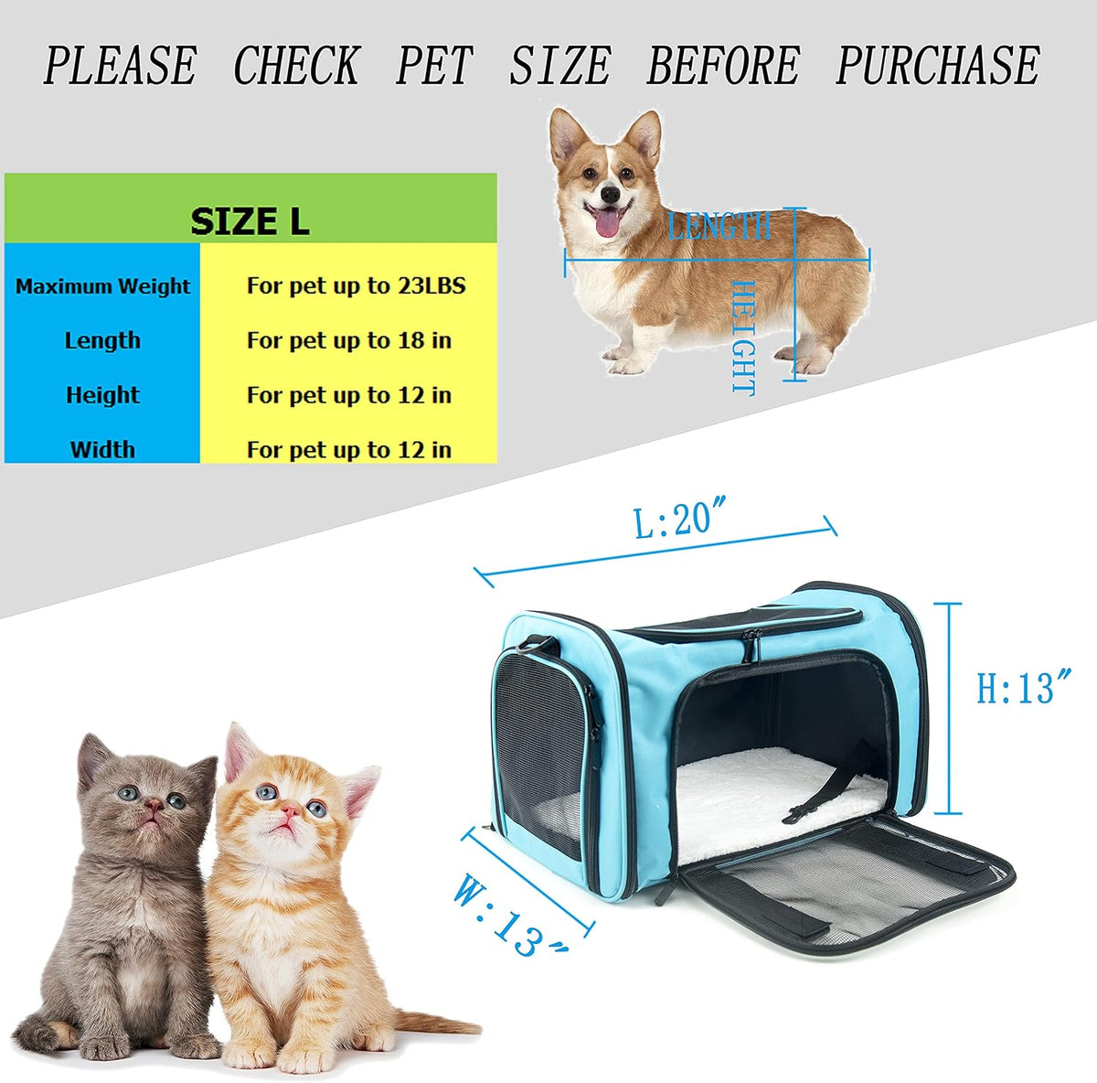 Soft Sided Carrier for Small Medium Cats Dogs - 20.0"L x 13.0"W x 13.0"H / Blue - image 4