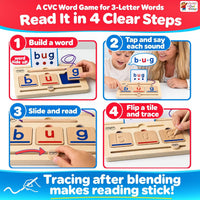Hulats CVC word phonics game with wooden blending board, letter tiles and flash cards - view 3