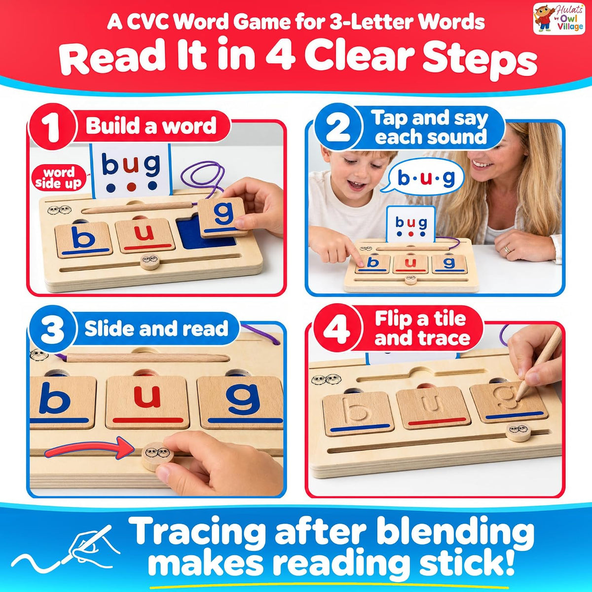 Hulats CVC word phonics game with wooden blending board, letter tiles and flash cards - view 3