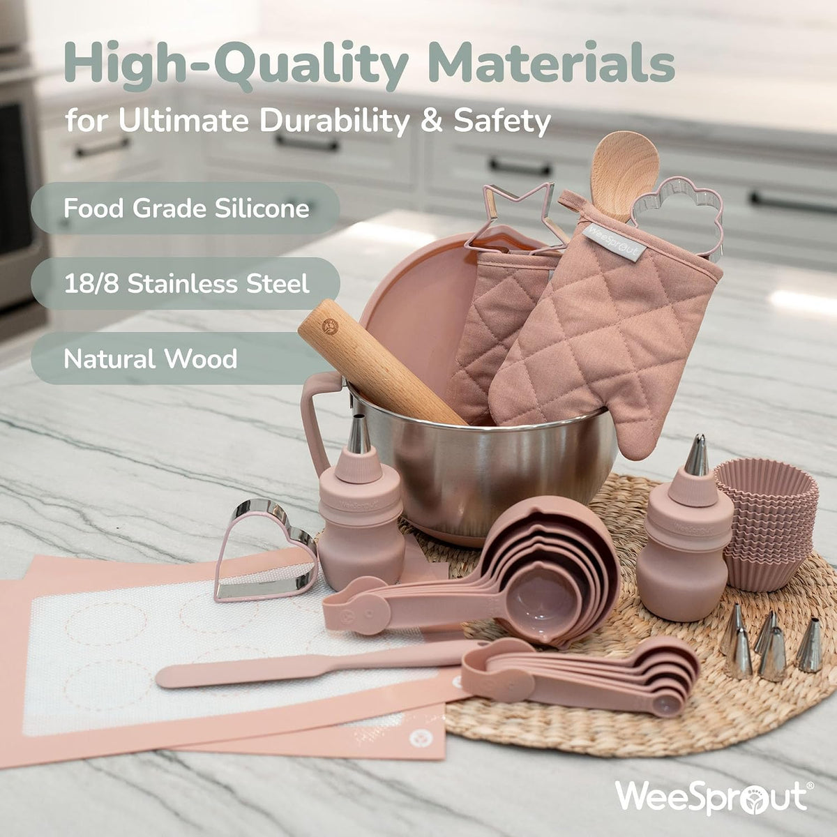 WeeSprout kids baking set in green with apron, oven mitts, rolling pin and cookie cutters - view 10