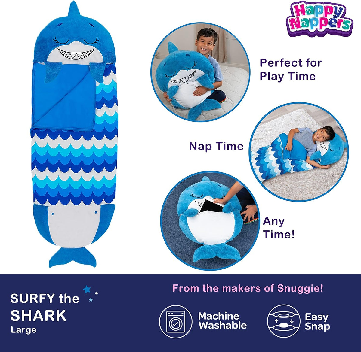 Happy Nappers 2-in-1 Pillow & Sleepy Sack Blue Shark 66x30 Large – Fun for Kids & Family - image 2