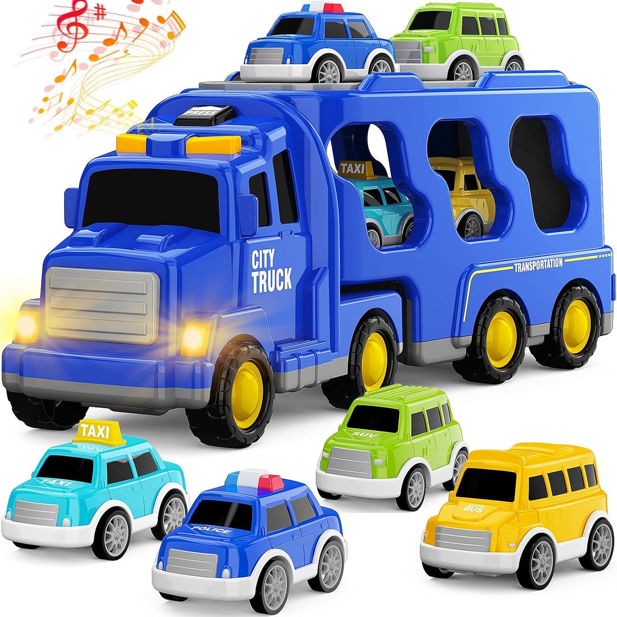 FunMission Toddlers Fire Truck for Kids 3-9 Year Old，5 in 1 Friction - 5 TRANSPORT CARS
