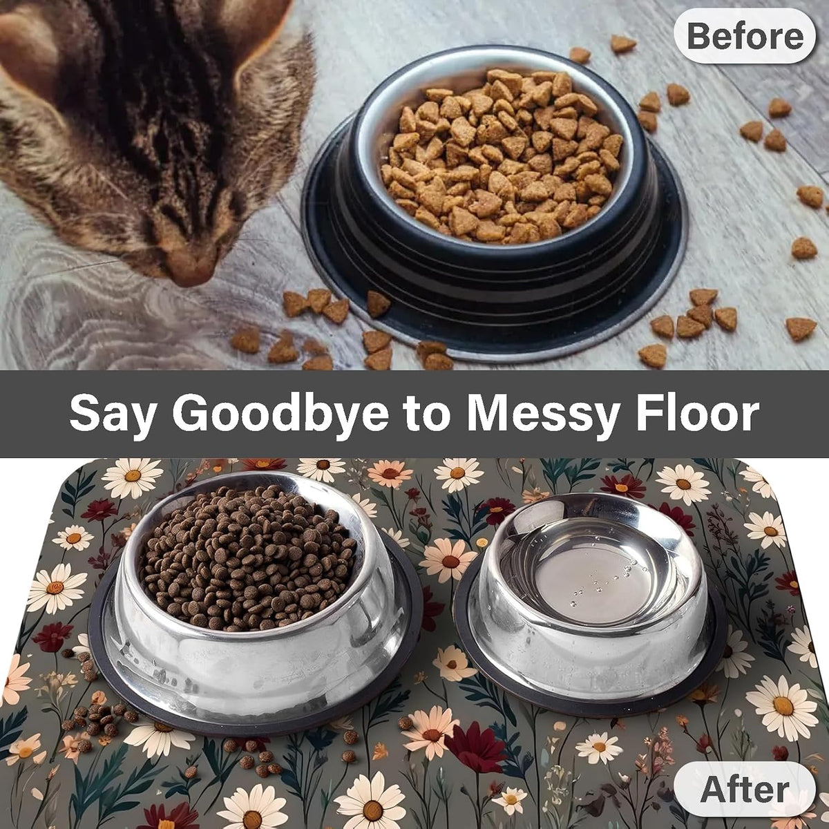 Patterned Cat & Dog Bowl Mat for Food and Water - Small (12" x 20") / Brown-flowers - image 3