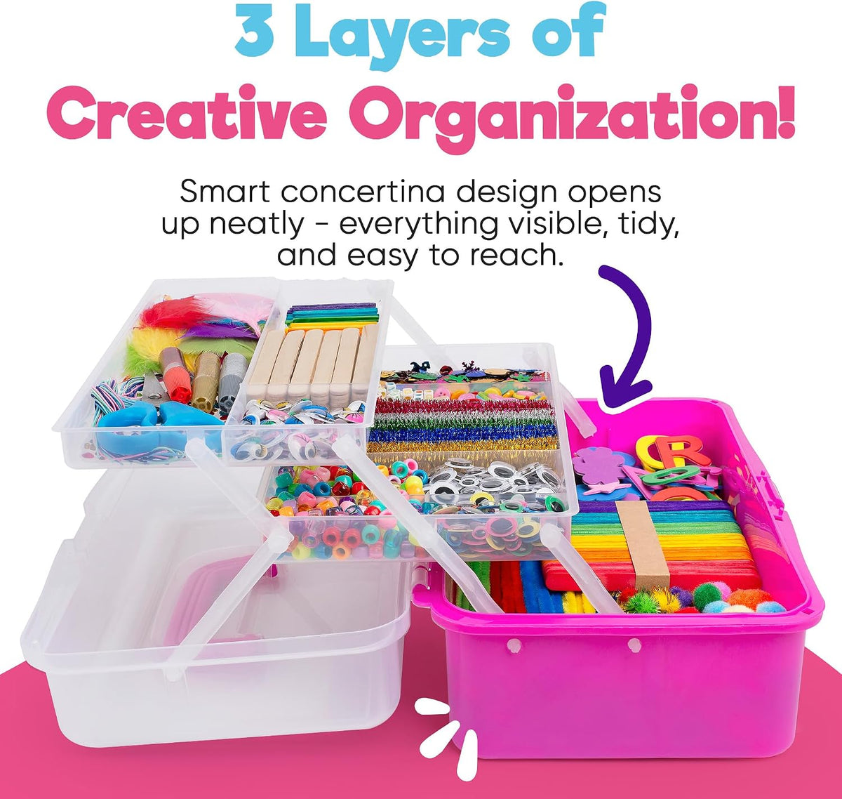 Blue Squid Arts & Crafts Box- 2800+ pcs Deluxe Craft Supplies Box - Craft Box Pink - image 2