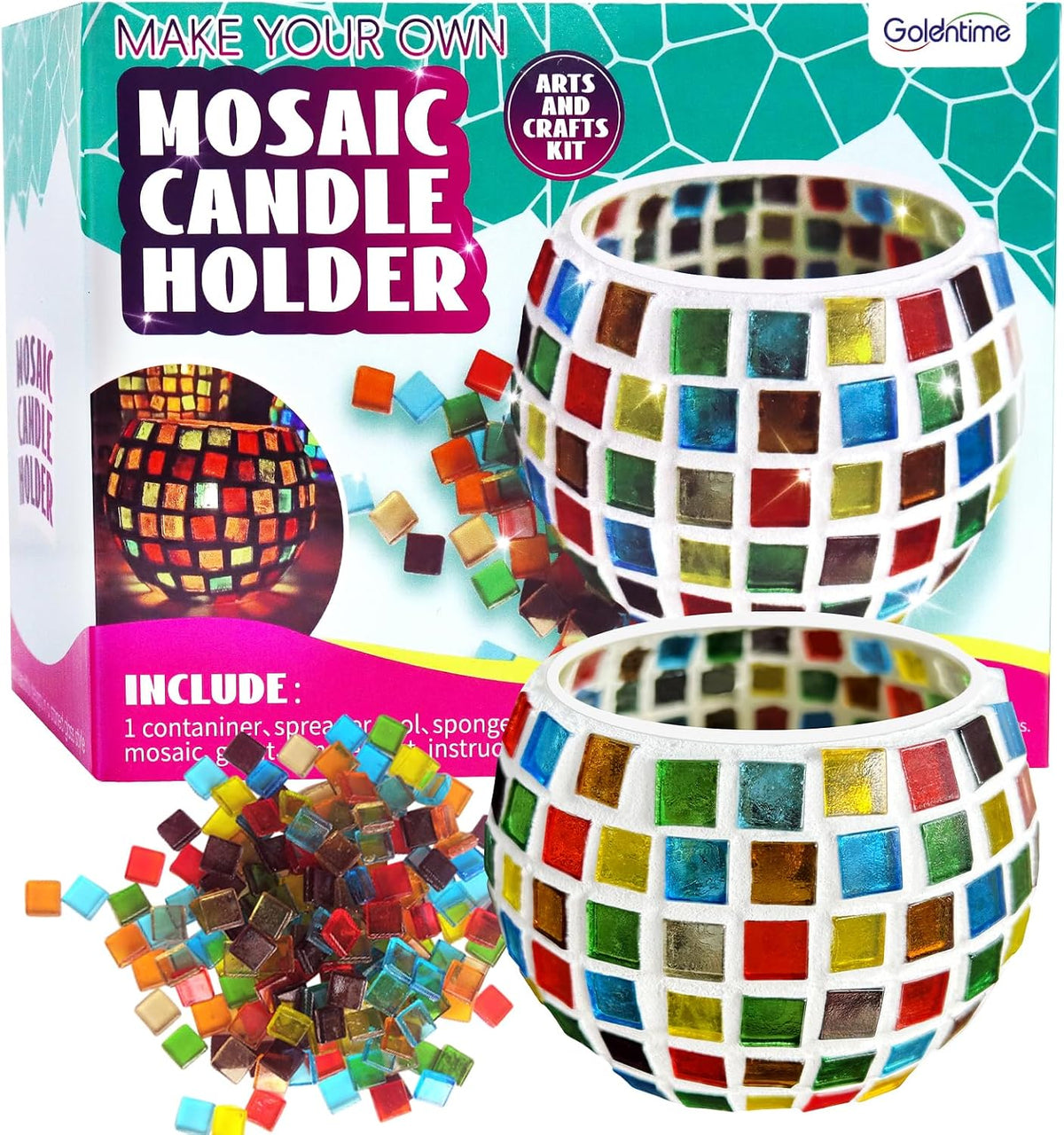 goldentime DIY mosaic picture frame kit with wooden frame, tiles, glue and grout