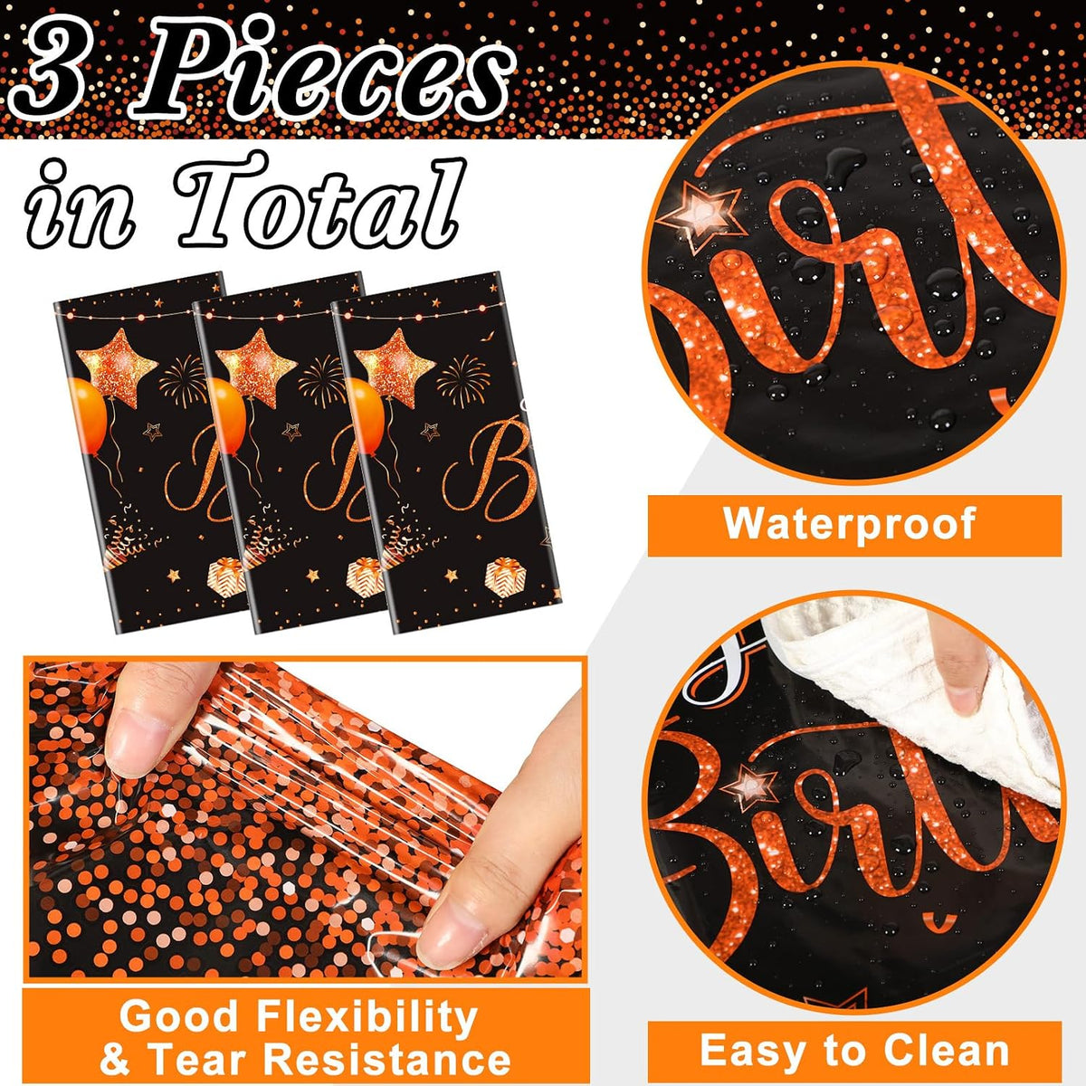 Tudomro 3 Pcs Plastic Happy Birthday Party Tablecloths - Black Orange / 3 - image 2