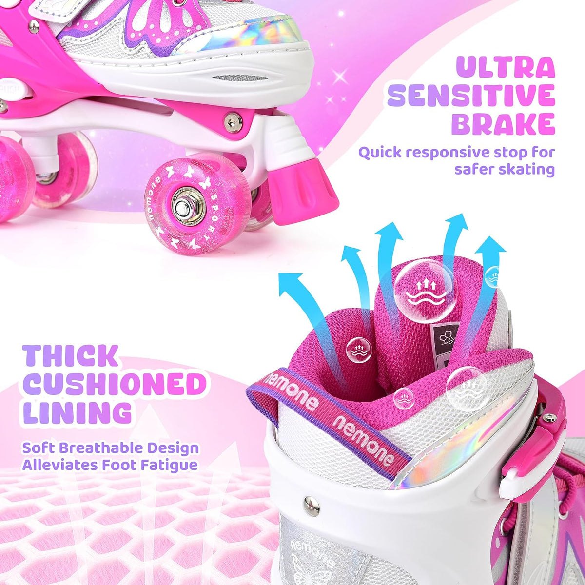 NEMONE Mermaid Adjustable Light up Roller Skates for Girls Boys – Fun for Kids & Family - G- Candy Butterfly / Small - Little Kid - image 2