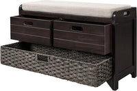 Storage Bench with Removable Basket 2 Drawers Fully Assembled Acacia Wood Shoe Bench Standing Shoe Rack Removable Cushion for Living Room, Entrance Hallway, No Assembly Required Espresso