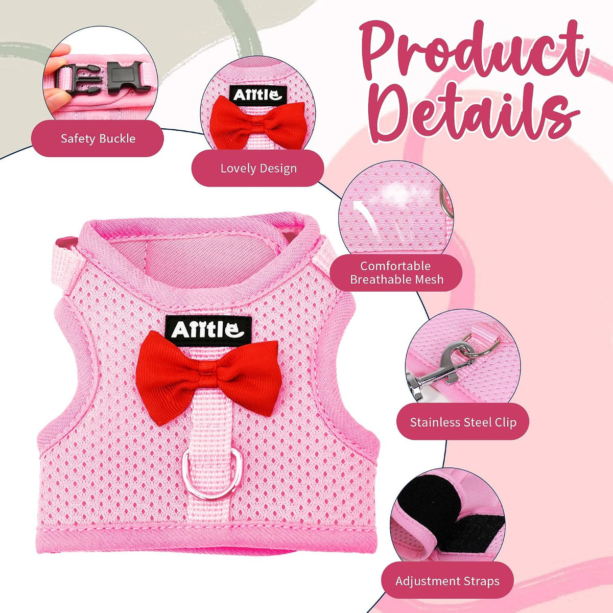 Breathable Bunny Harness and Leash Set with Cute Bow, Black S – Essentials for Small Pets - S / Pink - image 4