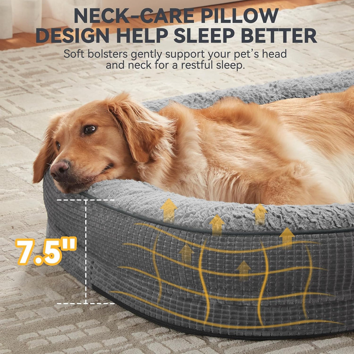 JOEJOY XL Orthopedic Dog Bed for Large Dogs, 360° Oval Bolster - Grey / 42"l X 32"w X 7.5"th - image 4