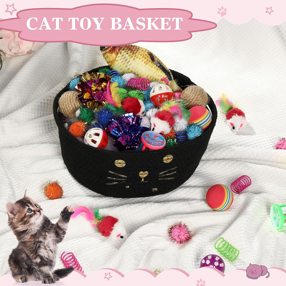 Zopeal 58 Pcs Cat Toy Set with Storage Basket Indoor, Grey - Black / 9.8 Inch - image 4