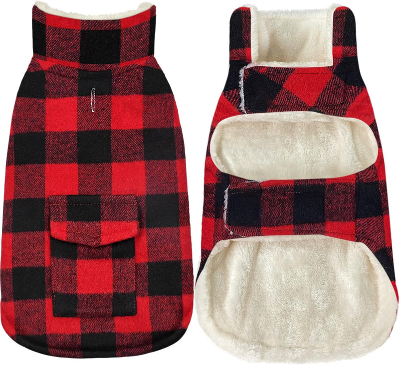 Dog Winter Coat, Classic Plaid Fleece Dog Cold Weather Coats Pet Jacket with Pocket, Windprood Warm - Red / Large