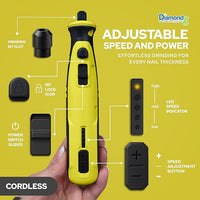 Diamondg Cordless Dog Nail Grinder with Quiet Sound & LED Tip for Large & Small Dogs, 4hrs. Runtime, 2 Bits Included, Yellow