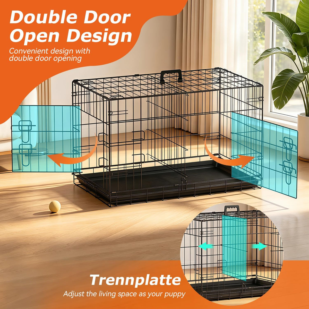 FDW, 48" Foldable Metal Dog Crate, Cage for XL Dogs - Black / 30 Inch Double Door - image 4