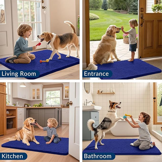 Smiry Dog Door Mat for Muddy Paws 47x24, Absorbs Moisture and Dirt Doormat, Non-Slip Washable Quick Dry Chenille Front Door Mat Indoor Entrance, Entryway Carpet for Inside Floor, Navy Blue