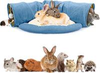Bunny Tunnel Bed, 2-in-1 Collapsible Rabbit Tunnel Hideout with Mat – Essentials for Small Pets - Blue