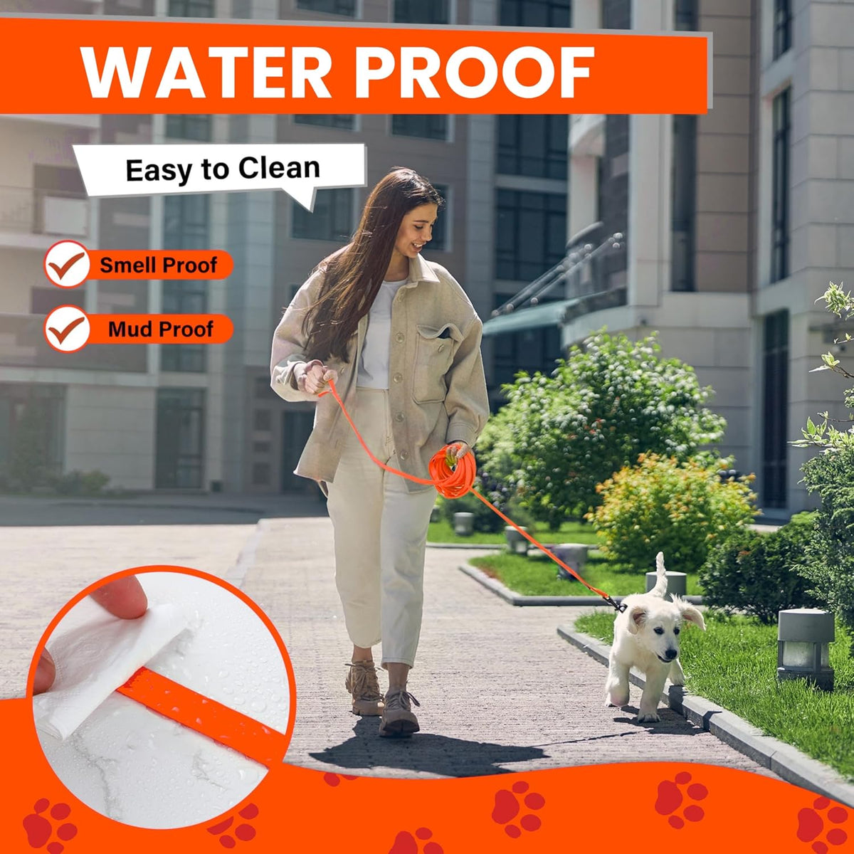 Waterproof Long Line Dog Training Leash, PVC-Coated - Orange / 30ft - image 4