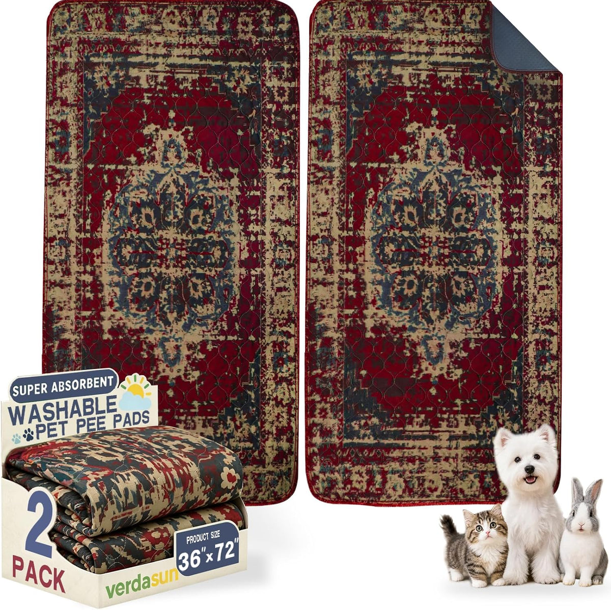 Washable Pee Pads for Dogs, Reusable Puppy Potty Training Pads - Burgundy/Blue/Multi / 36" ×72"(pack of 2)