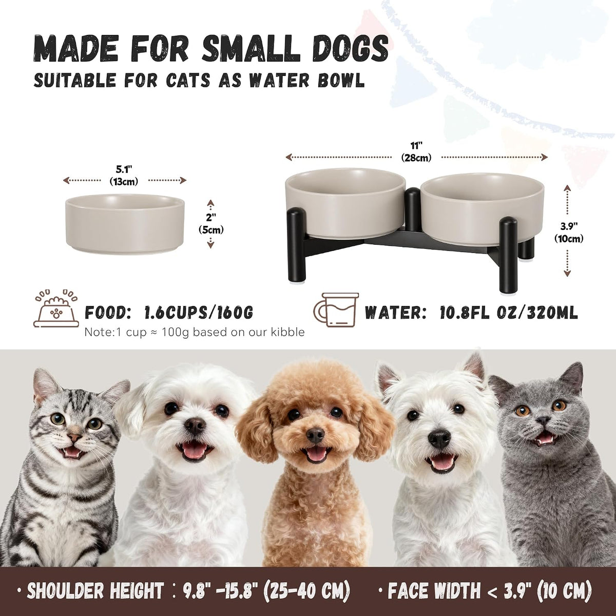 Raised Ceramic Dog Bowl Set with Stand - Light Gray / 2 Bowls - 1.6 Cups Each - image 2