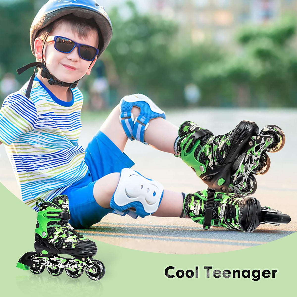Kuxuan Boys Adjustable Inline Skates with Light up Wheels for Kids - Green Camo / Large(Kids 3-6 US) - image 4