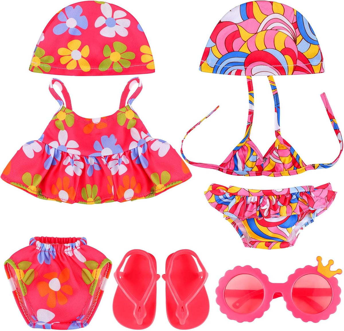 Kajaia 8 Pcs 18 Inch Doll Swimsuits Clothes and Accessories – Fun for Kids & Family - Bright Pink / Lovely