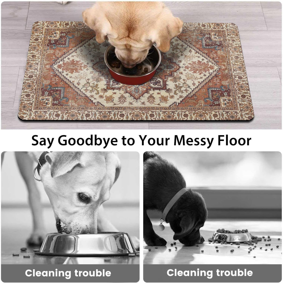 Dog Food Mat for Floors, Absorbent Pet Cat Food Bowl Mat - Bohemia / 12"x20"+18"x24" - image 3
