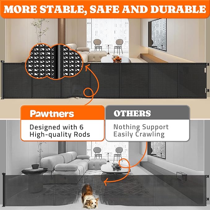Pawtners Retractable Baby Gates Extra Wide, 41" Tall Extends up to 120" Wide, Dog Gate Indoor for Stairs, Pet Gate with Support Rods for Doorways Hallways Indoor & Outdoor-Black