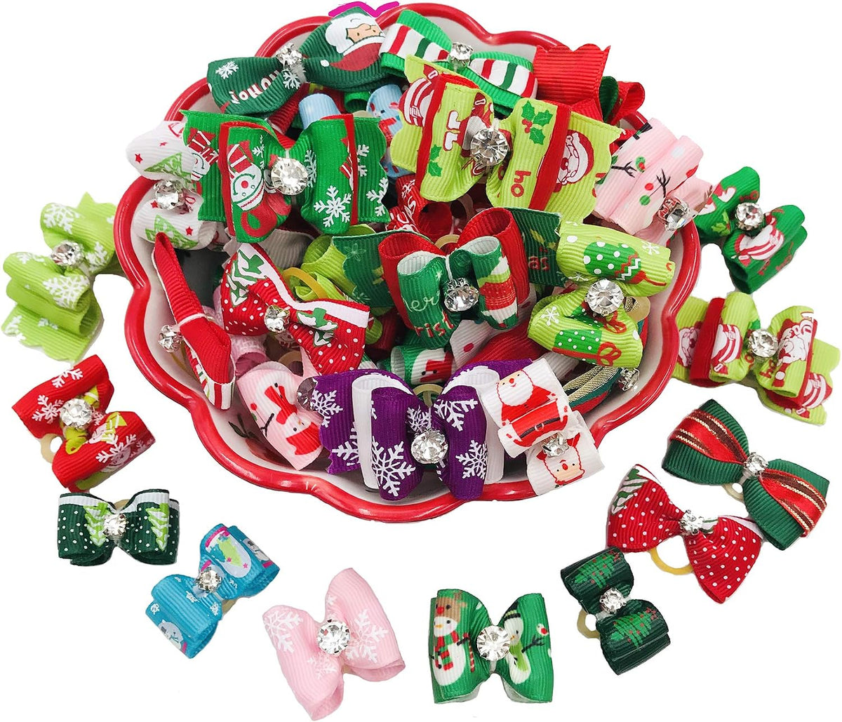PET SHOW 20pcs Halloween Small Dog Hair Bows with Rubber Bands - 20pcs Christmas
