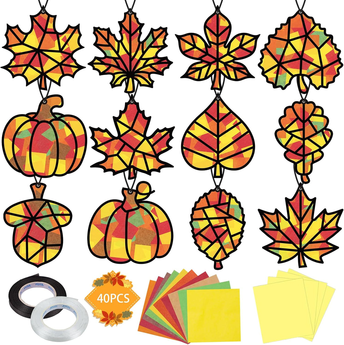 Renbuzhu fall leaf paper suncatcher craft kit with tissue paper and adhesive frames - view 3