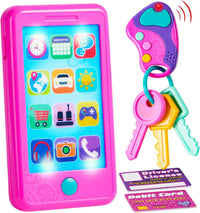 JOYIN pink 4-in-1 pretend play phone set for toddlers with key fob, license and debit card - view 2