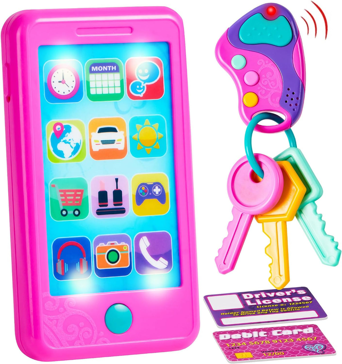 JOYIN pink 4-in-1 pretend play phone set for toddlers with key fob, license and debit card - view 2