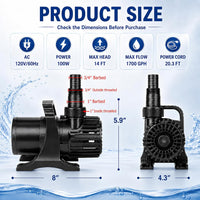 350W 7000 GPH Pond Pump, Ultra Quiet Heavy Duty Submersible Water Pump for Koi Ponds, Fountains - 1700GPH-100W - image 2