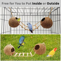 Natural Coconut Hide with Ladder Perches Hanging Bird House Toy - 1pc Double Coconut Hide with Ladder - image 4