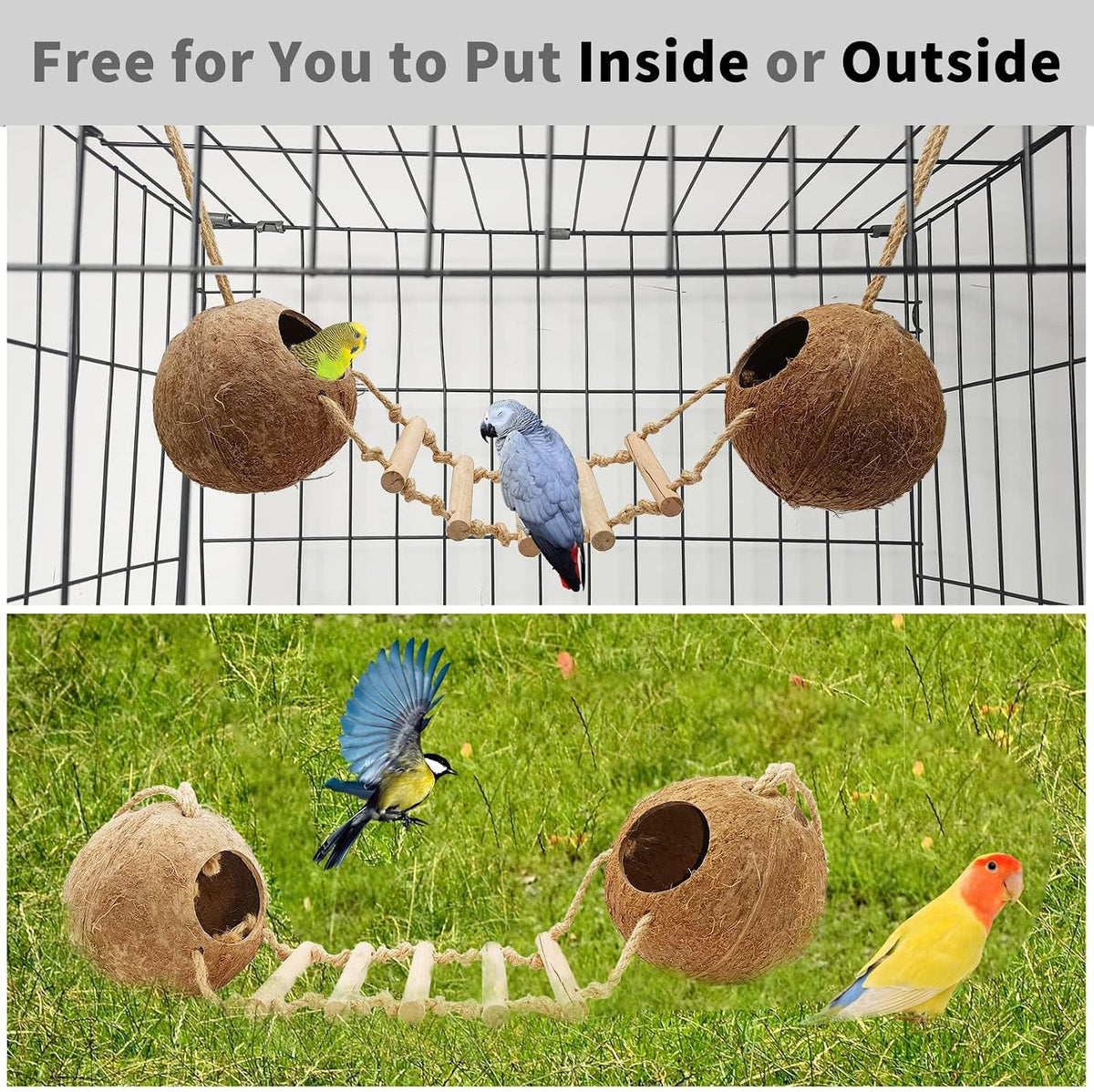 Natural Coconut Hide with Ladder Perches Hanging Bird House Toy - 1pc Double Coconut Hide with Ladder - image 4