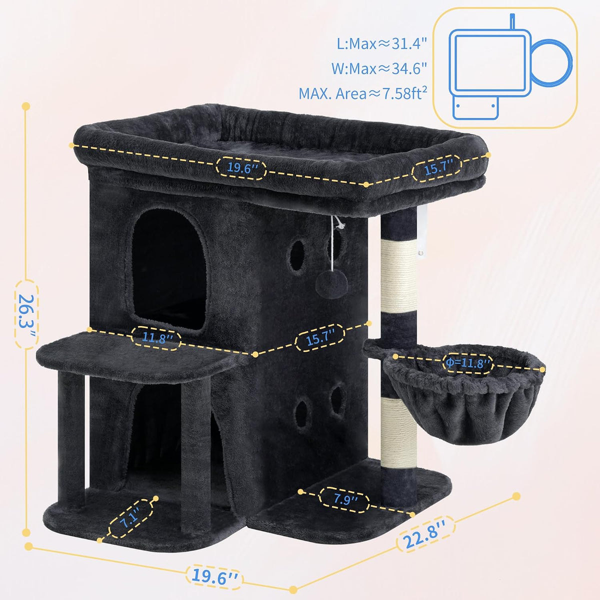 Heybly 26.3" Cat Tree for Large Cats with Big Perch & Dual Condos - Smoky Gray / 26.3 inch - image 3