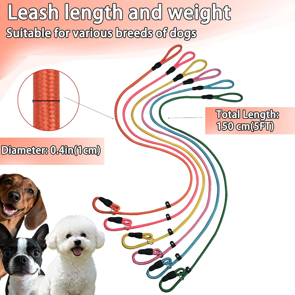FOVRLZSE 5-Pack Dog Slip Leashes 4.6FT Nylon Training Lead - Pastel Hue - image 2