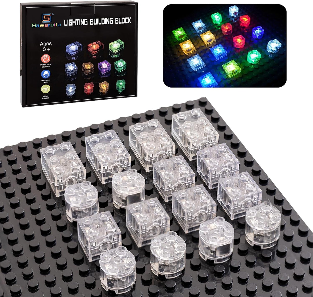 Sawaruita 16 PCS Light Up Building Bricks Multicolor LED Light Brick