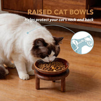 Elevated Cat Bowls, Ceramic Cat Bowl with Bamboo Stand Wide Opening – Essentials for Cats - Brown / Stripe x1 + Acacia Wood - image 3