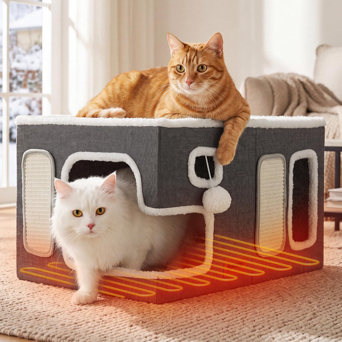 Heated Cat House Bed for Indoor Cats - Grey / Extra Large / With Heating Pad