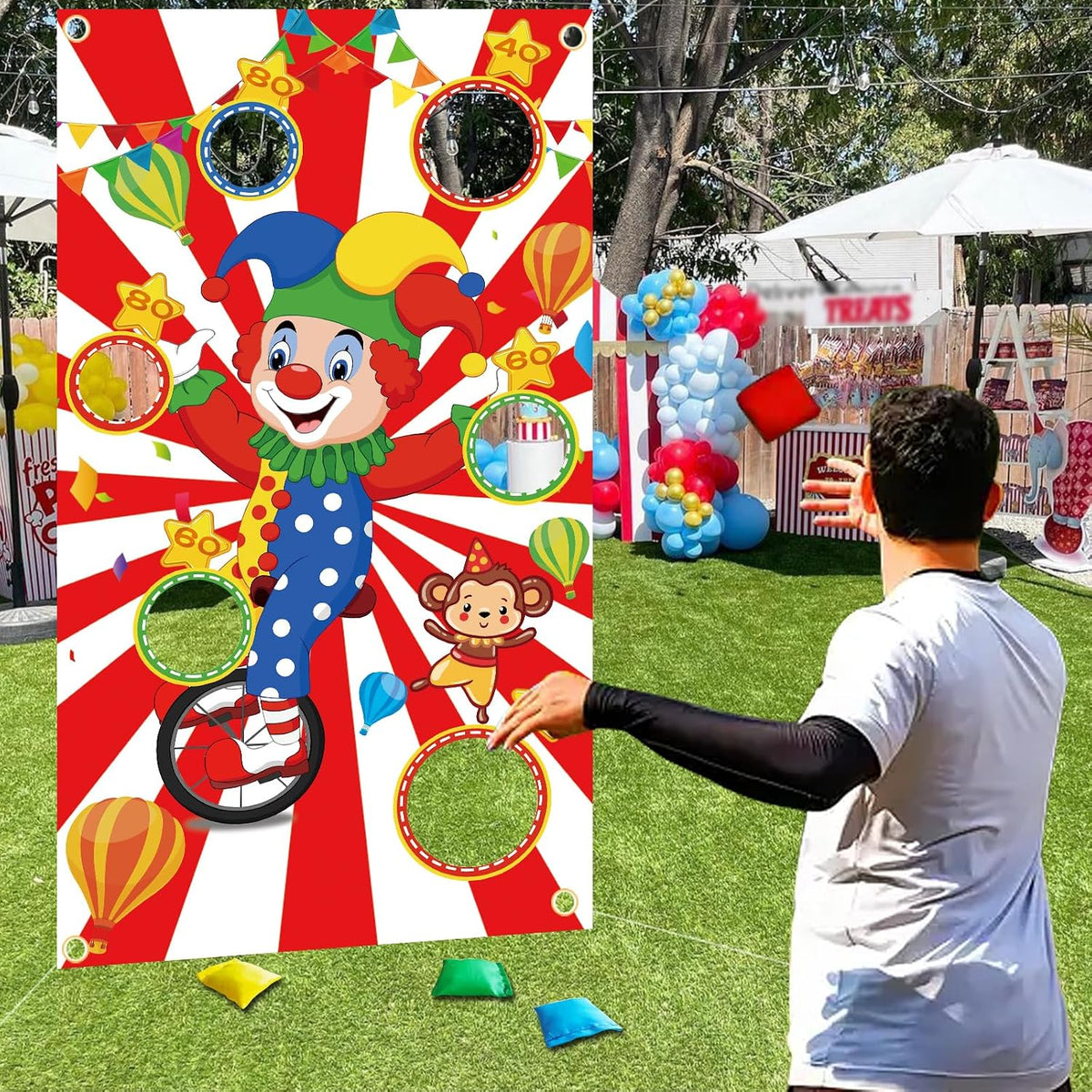TONIFUL carnival toss game banner with 6 holes and 4 colored bean bags