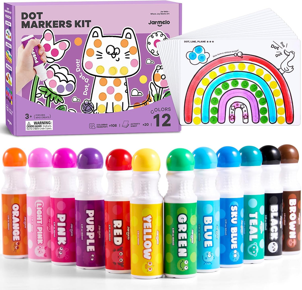 Jar Melo Washable Dot Markers for Kids, Large 60ML - 12 Colors