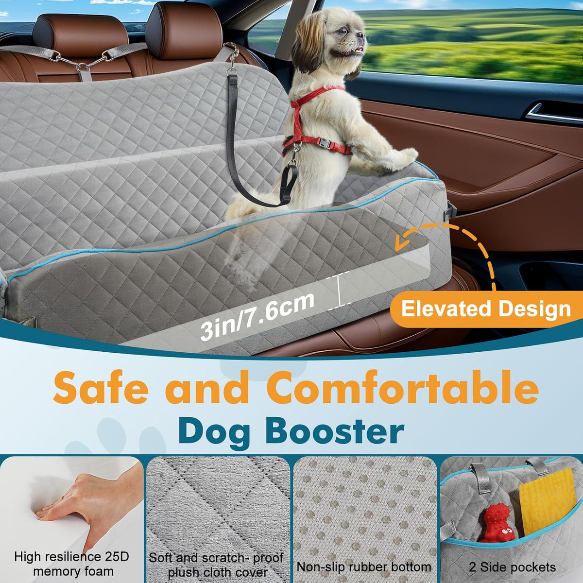 Dog Car Seat for Medium Dogs Up to 60 lb, Thick Cushion - Grey / XXL - image 3